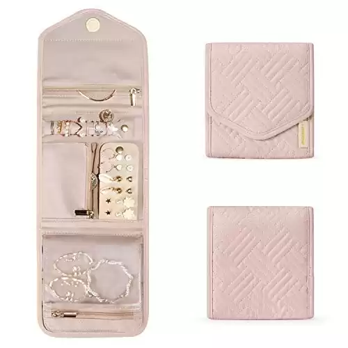 BAGSMART Travel Jewelry Organizer Case Foldable Jewelry Roll for Journey-Rings, Necklaces, Earrings, Bracelets,Mini,Soft Pink