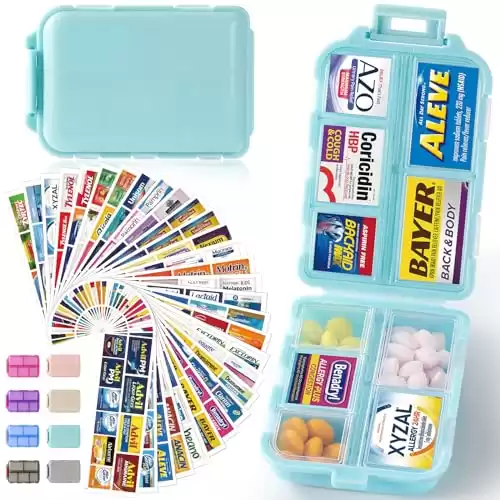 Travel Pill Organizer Box w/ 297 Brand Labels & 28 White Labels, 10 Compartments Small Pill Case Medicine Kit, Portable Pocket Purse Pharmacy, Daily Weekly Vitamin Supplement Medication Holder - Blue