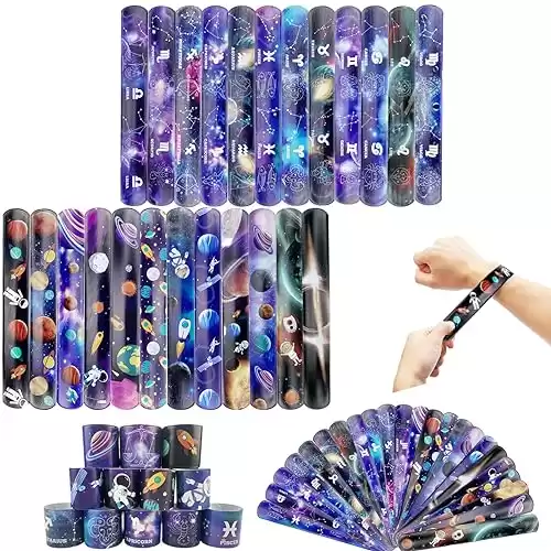 Albiuev 48Pcs Slap Bracelets for Kids Adults Party Favors, Snap Bracelets with Space Constellation Design Gift for Classroom Prizes, carnival prizes,Outer Space Party Decorations.