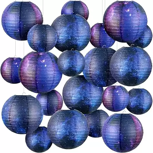 20 Pieces Galaxy Print Paper Lanterns Chinese Japanese Lanterns Space Themed Hanging Paper Lanterns Ceiling Decor Galaxy Themed Party Supplies for Home Birthday Party, 12 Inch and 6 Inch
