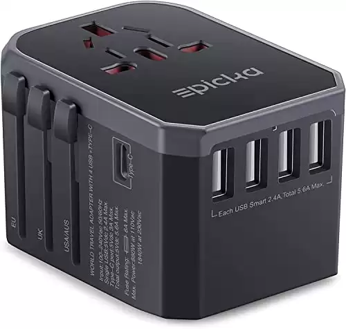 EPICKA Universal Travel Adapter One International Wall Charger AC Plug Adaptor with 5.6A Smart Power and 3.0A USB Type-C for USA EU UK AUS (TA-105, Grey)