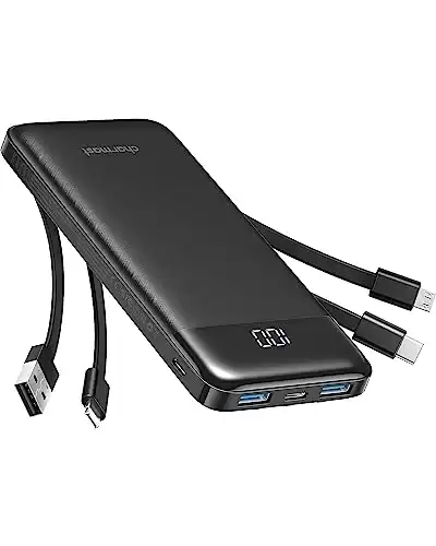 Portable Charger with Built in Cables, Portable Charger with Cords Wires Slim 10000mAh Travel Battery Pack 6 Outputs 3 Inputs 3A Fast Charging Power Bank for Samsung Google Pixel LG Moto iPhone iPad