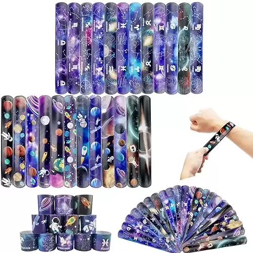 Albiuev 48Pcs Slap Bracelets for Kids Adults Party Favors, Snap Bracelets with Space Constellation Design Gift for Classroom Prizes, carnival prizes,Outer Space Party Decorations.